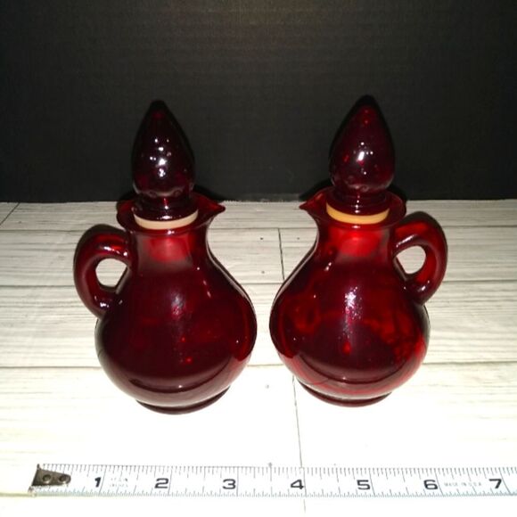 Vintage AVON Ruby Red Mini Cruet Decanters Strawberry Stopper Glass Bottles 5"in - Picture 2 of 8
